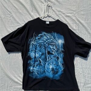 Black Graphic Tee with Blue Wolf Charokee Design